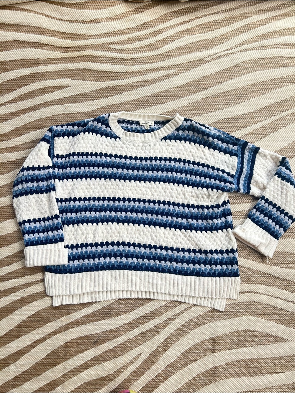 Boutique Chenille Chunky Knit Blue & White Striped Crewneck Sweater - S/M